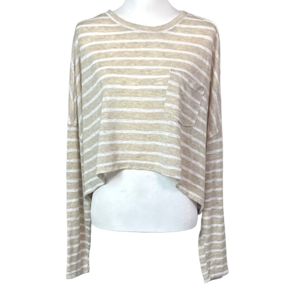 Altar's State Boxy Cropped Stripped Longs Sleeve Pocket Top Tan White Sz L‎